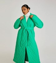 Urban Bliss Green Quilted Revere Collar Belted Long Puffer Jacket